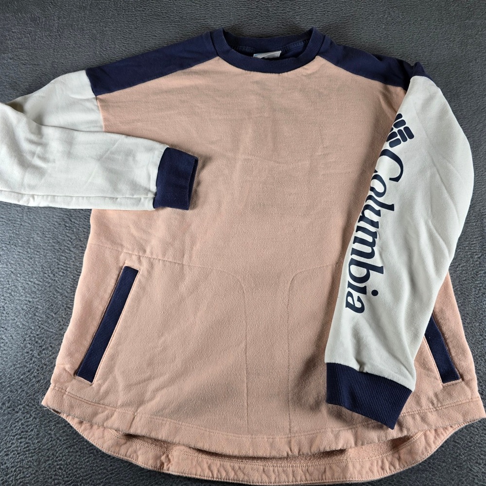 Columbia Womens XS Colorblock Fleece Sweatshirt Peach Navy Blue Logo Pullover